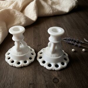Westmoreland Westmoreland Doric Open Lace Milk Glass Candlestick Holder Set 4.5"